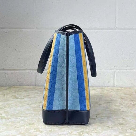 Coach Mollie Tote in signature jacquard with stripes C4088 Blue Yellow - Picture 3 of 6